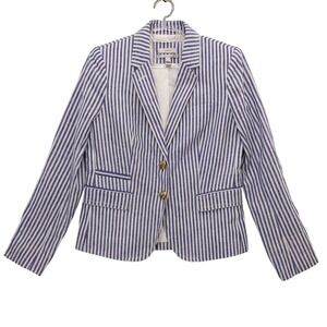 J.‎ Crew Schoolboy Blazer Blue White Striped Linen Gold Button Sz 6